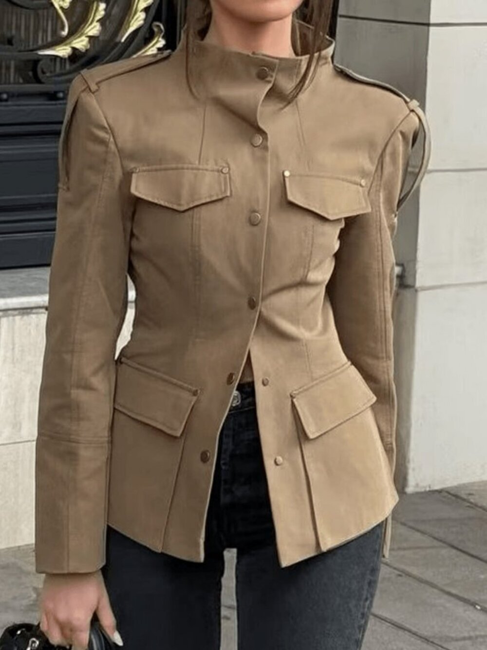 Khaki Casual Women's Epaulet Design Stand Collar Fitted Jacket